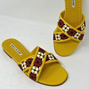 Manolo Blahnik IFNETA Yellow FLAT Linen Sandals Slides Slippers 38 EU